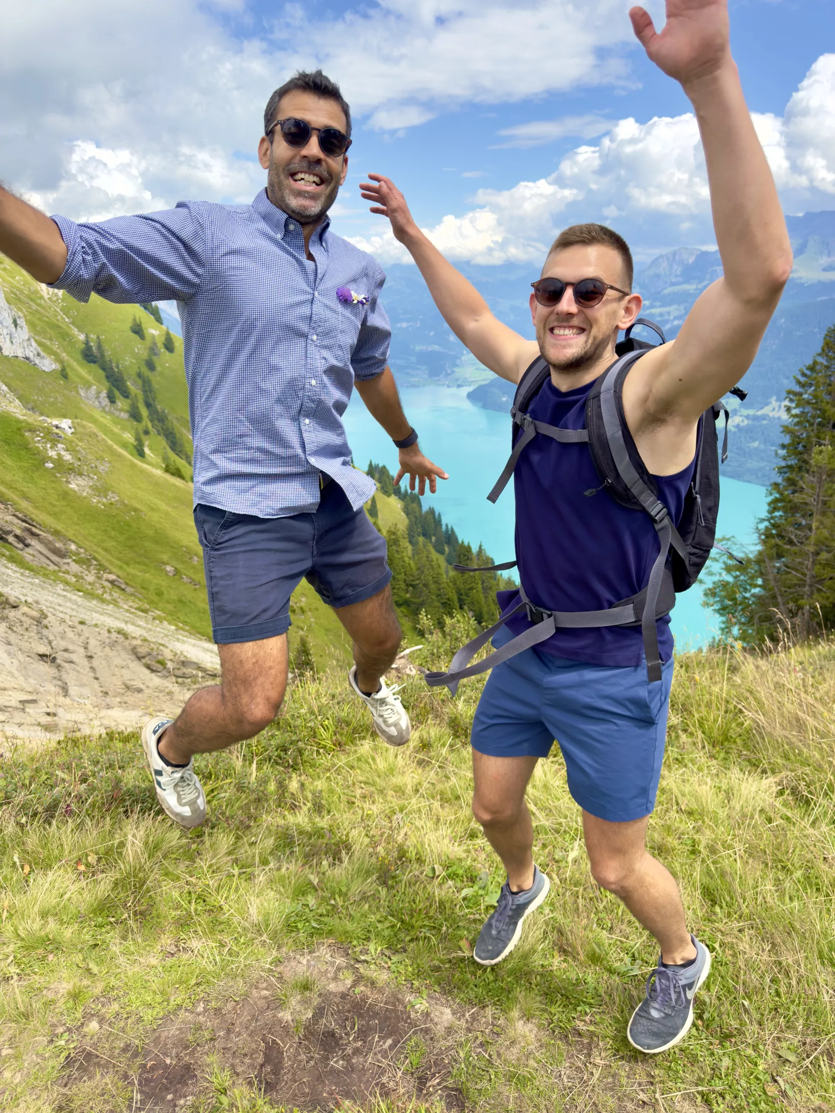 Matthieu and Sébastien jumping in the Swiss Alps